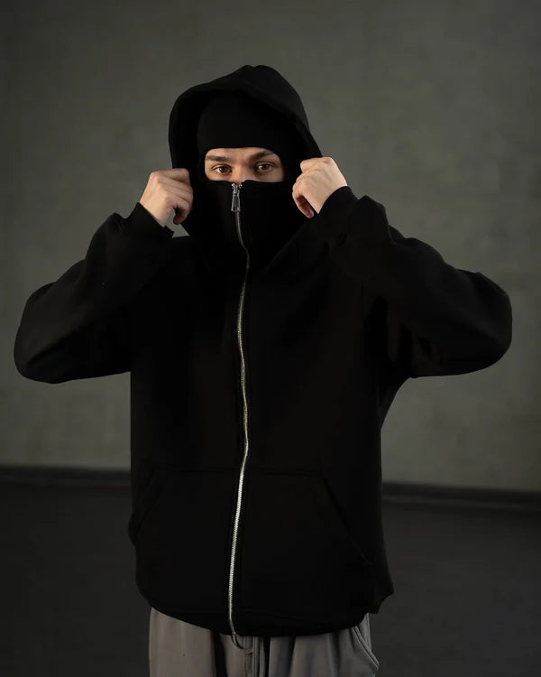 Black Balaclava Layered Double Zip Hoodie - Oversized Streetwear Essential