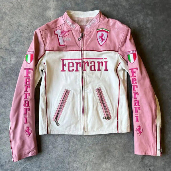 Ferrari Kimi Raikkonen Pink Leather Racing Jacket | Myra Casual