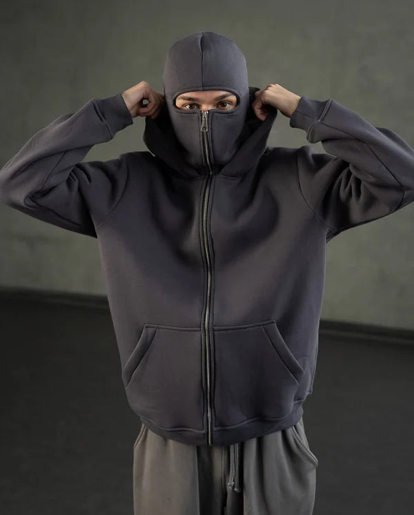 Grey Balaclava Layered Double Zip Hoodie