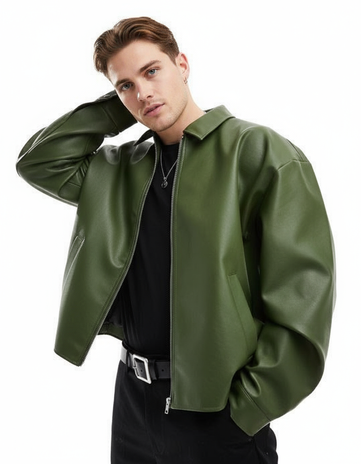 Olive Green Leather Jacket - Stylish Men's Outerwear | Myra Casual