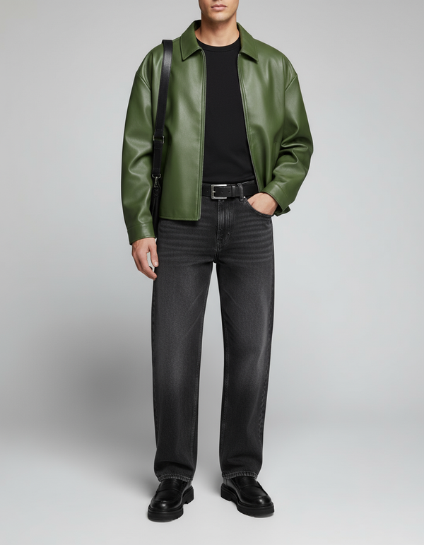 Olive Green Leather Jacket - Stylish Men's Outerwear | Myra Casual
