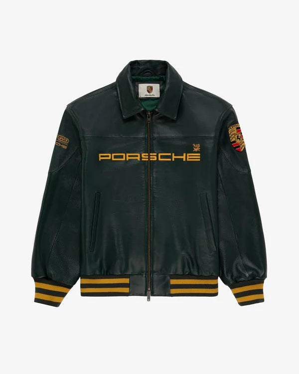 Porsche Official Dark Green Leather Varsity Jacket - C2 Edition
