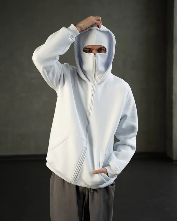 White Balaclava Layered Double Zip Hoodie - Minimalist Streetwear Staple